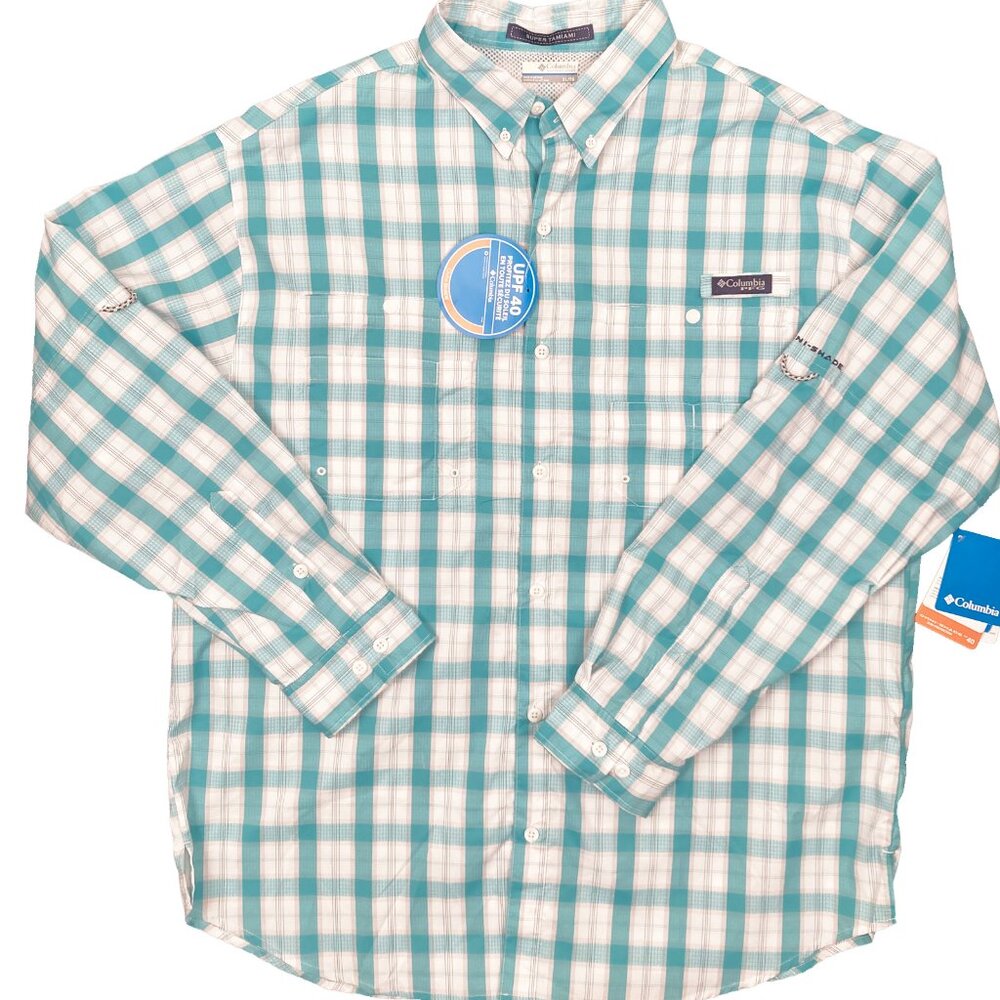 NEW $70 Columbia Super Tamiami Shirt! XL White & Blue Plaid Omni Shade UPF 40